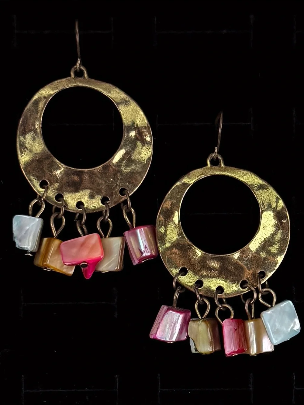 Vintage brasstone hammered multicolored stone costume pierced earrings